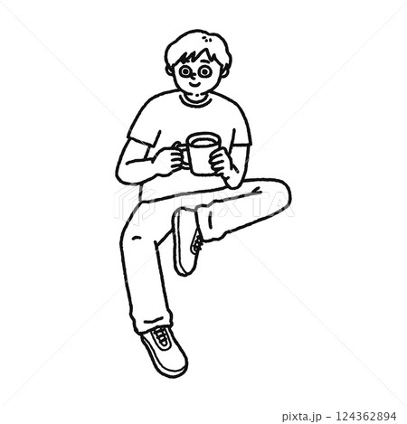 コーヒーを飲みながらくつろぐ男性　線画 124362894