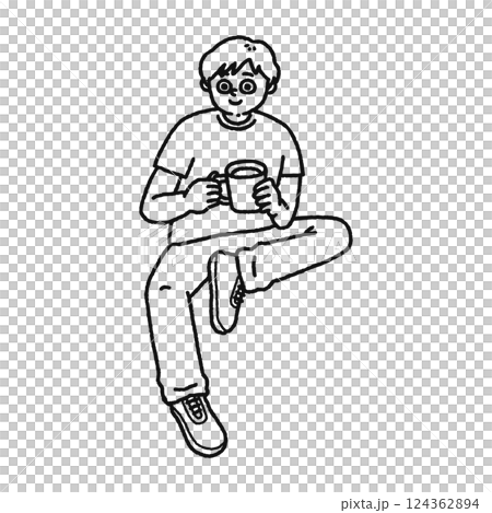 コーヒーを飲みながらくつろぐ男性　線画 124362894