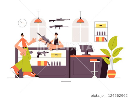 Gun Accessories Shop Vector Illustration featuring a Rifle, Bullets, Weapons, and Hunting Equipment in a Flat Style Cartoon Background 124362962