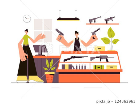 Gun Accessories Shop Vector Illustration featuring a Rifle, Bullets, Weapons, and Hunting Equipment in a Flat Style Cartoon Background 124362963