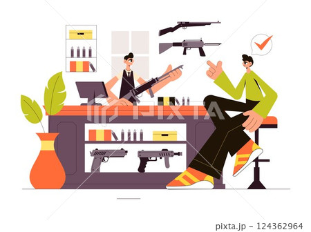 Gun Accessories Shop Vector Illustration featuring a Rifle, Bullets, Weapons, and Hunting Equipment in a Flat Style Cartoon Background 124362964