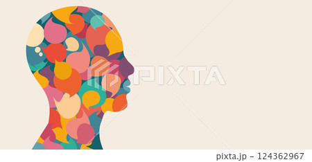 Anonymous human head silhouette with many speech bubbles inside as Equality inclusion diversity concept. Communication and dialogue 124362967