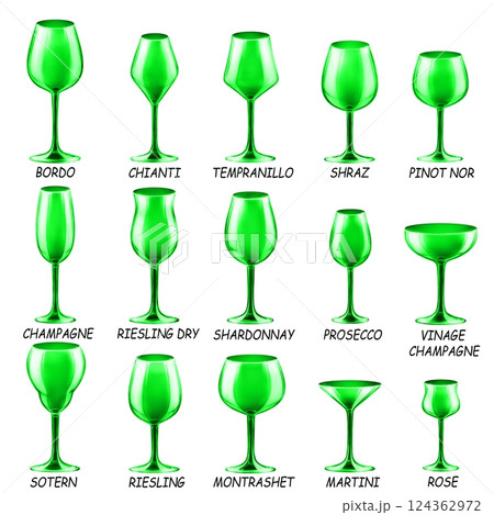 Set of colored glasses for wine, cocktails and other drinks. Drawings for bar and restaurant. Set of colored glasses for wine, cocktails and other drinks. Drawings for bar and restaurant. 124362972