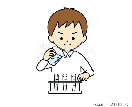 ビーカーと試験管で実験をする男子学生 124363187