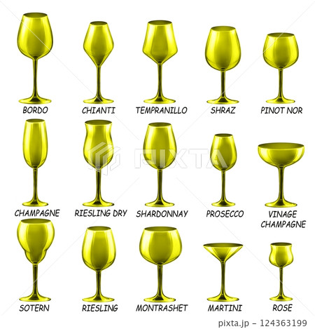 Set of colored glasses for wine, cocktails and other drinks. Drawings for bar and restaurant. Set of colored glasses for wine, cocktails and other drinks. Drawings for bar and restaurant. 124363199