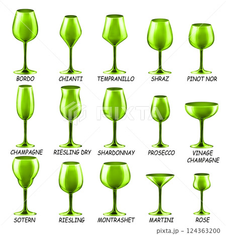 Set of colored glasses for wine, cocktails and other drinks. Drawings for bar and restaurant. Set of colored glasses for wine, cocktails and other drinks. Drawings for bar and restaurant. 124363200