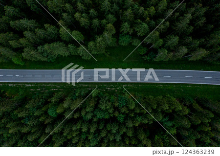 Aerial image with a road passing through pine woodland in Bavaria, Germany. Aerial image with a road passing through pine woodland in Bavaria, Germany. 124363239