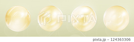 3d set of gold oil drops with bubble texture inside. Golden liquid spheres of collagen serum, cosmetic essence, hair keratin, vitamin. Isolated yellow balls, beauty skincare product. 3D illustration 124363306