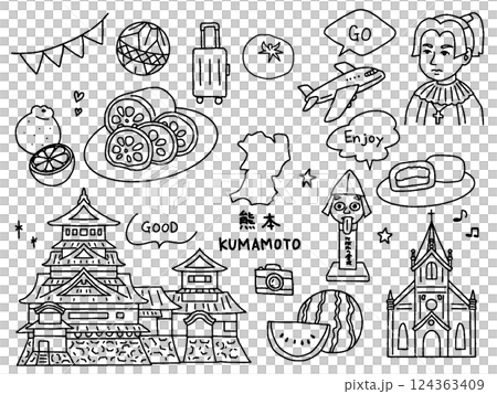 Kumamoto hand-drawn illustration set 124363409