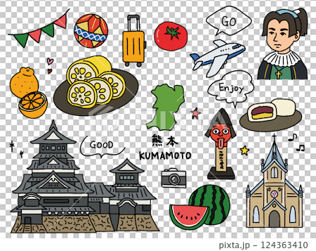 熊本の手描きイラストセット 124363410
