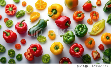 《AI画像》白背景に並べたカラフルなパプリカ 124363835