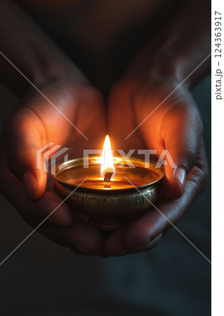 Flame gently held in hands during Vesak, representing purification 124363917
