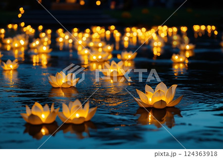 Floating lotus lanterns on the water during Vesak festival Floating lotus lanterns on the water during Vesak festival 124363918