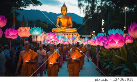 Monks hold glowing lotus flowers during the Vesak festival 124363919