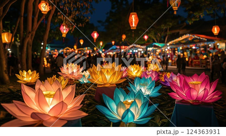 During Vesak, vibrant lotus lanterns glow brightly amidst the night 124363931