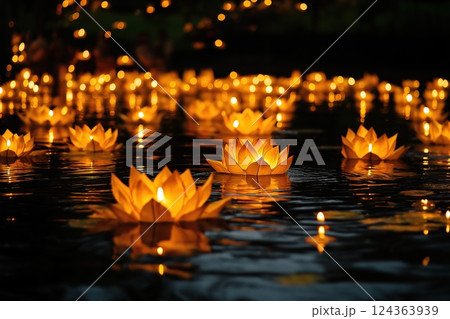 Lotus flowers floating on calm waters, glowing with soft light during 124363939
