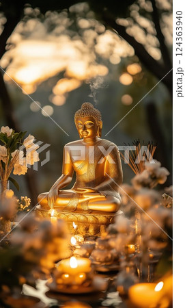 Buddha sits in peaceful meditation, surrounded by the soft glow of candles 124363940