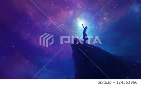 スピリチュアル空間幻想的な空に手を伸ばす少女のシルエット スピリチュアル空間幻想的な空に手を伸ばす少女のシルエット 124363966
