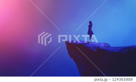 スピリチュアル空間幻想的な空に手を伸ばす少女のシルエット 124363989