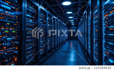 Futuristic Data Center with Glowing LED Server Racks | High-Tech Network Infrastructure. 124364016