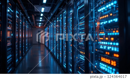 Futuristic Data Center with Glowing LED Server Racks | High-Tech Network Infrastructure. 124364017