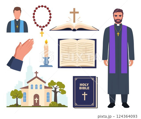 Christianity religious spiritual elements. Catholic priest, Church, bible, candle, prayer beads. Peace religion communion. Vector illustration. Christianity religious spiritual elements. Catholic priest, Church, bible, candle, prayer beads. Peace religion communion. Vector illustration. 124364093