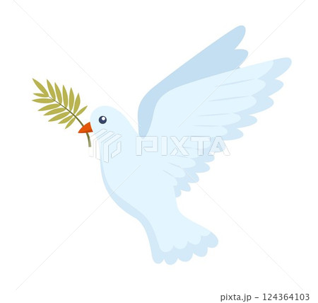Dove of peace. Flying bird with an olive branch in beak. Peace and love, freedom, no war concept. Vector illustration. Dove of peace. Flying bird with an olive branch in beak. Peace and love, freedom, no war concept. Vector illustration. 124364103