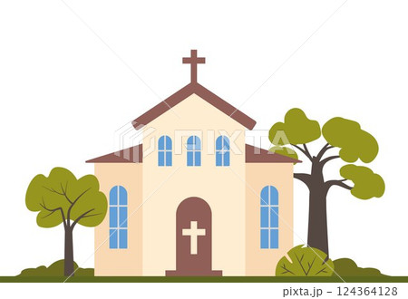 Church building exterior. Christian religious architecture facade, front view. European cathedral. Vector illustration. 124364128