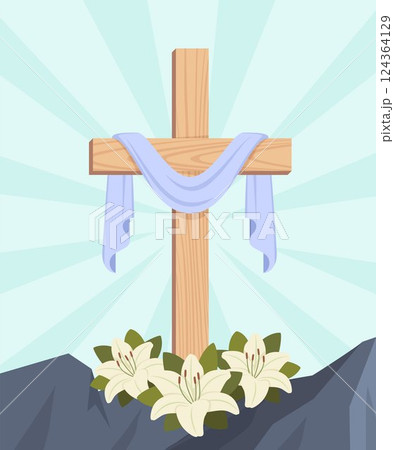 Cross of Jesus Christ, lily flowers against the background of the mountain. "Happy easter". Christian card template. He has risen. Vector illustration. 124364129