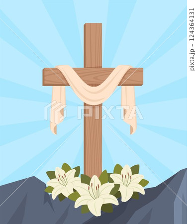 Cross of Jesus Christ, lily flowers against the background of the mountain. "Happy easter". Christian card template. He has risen. Vector illustration. Cross of Jesus Christ, lily flowers against the background of the mountain. "Happy easter". Christian card template. He has risen. Vector illustration. 124364131