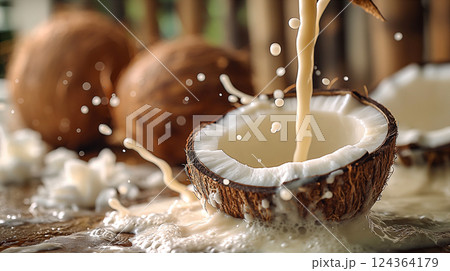 Open coconut shell with pouring liquid with whole coconuts in the background. Generative AI 124364179