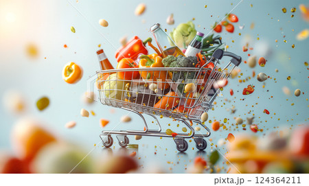 Vibrant shopping cart filled with fresh produce and groceries in a creative display. Generative AI 124364211