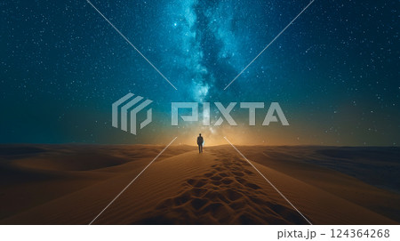 Standing on a desert dune under a starry sky at night in a serene landscape. Generative AI Standing on a desert dune under a starry sky at night in a serene landscape. Generative AI 124364268