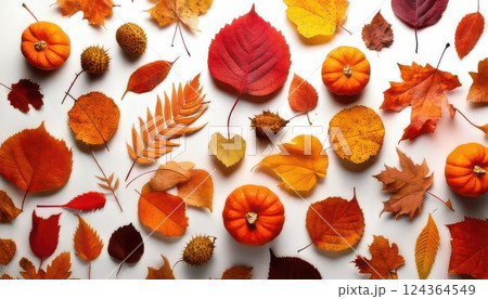 《AI画像》白背景に紅葉した葉っぱ 秋イメージ 124364549