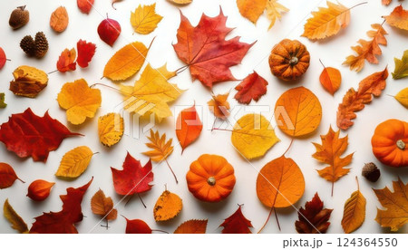 《AI画像》白背景に紅葉した葉っぱ 秋イメージ 124364550