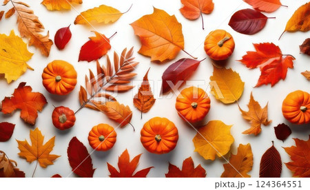 《AI画像》白背景に紅葉した葉っぱ 秋イメージ 124364551