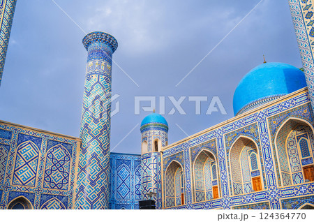 Beautiful Muslim mosque decorated with patterns with traditional oriental Uzbek ornaments in Uzbekistan in Tashkent 124364770