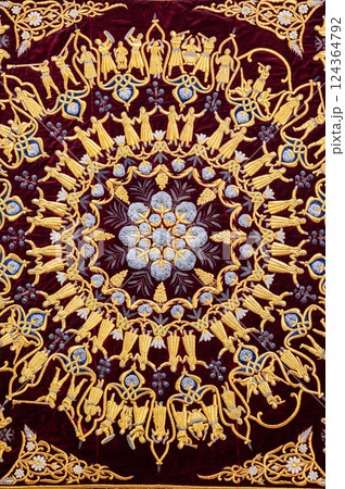 oriental Uzbek carpet with traditional asian pattern. Vintage handmade Turkish carpet oriental Uzbek carpet with traditional asian pattern. Vintage handmade Turkish carpet 124364792