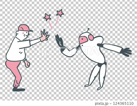 AIロボットと工員のハイタッチ　ストックイラスト素材	 124365110