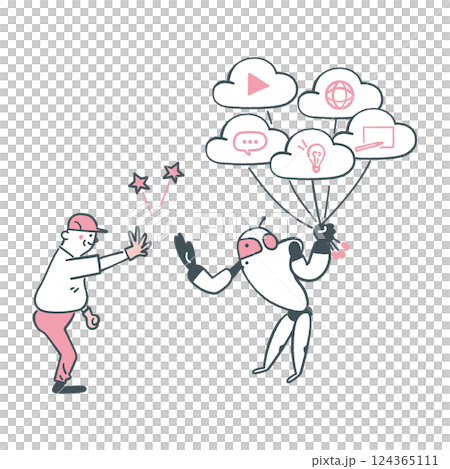 AIロボットと工員のハイタッチ　ストックイラスト素材	 124365111