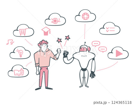 AIロボットと歩み寄る男性　ストックイラスト素材	 124365118