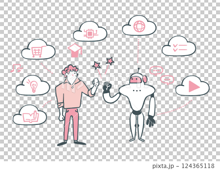 AIロボットと歩み寄る男性　ストックイラスト素材	 124365118