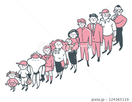 一列に並人々とAIロボット　ストックイラスト素材 124365119