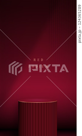 Minimalist design features striking red backdrop with cylindrica 124365289