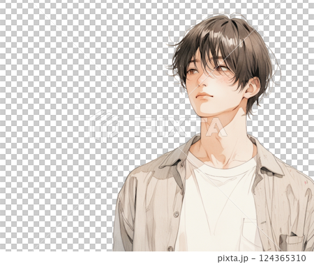 水彩風格插圖|斜向上看的男人(襯衫,白色 T 卹) 水彩風格插圖|斜向上看的男人(襯衫,白色 T 卹) 124365310