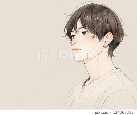 水彩画風イラスト｜横顔が美しい男性（横向き・Tシャツ） 124365313
