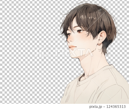 水彩画風イラスト｜横顔が美しい男性（横向き・Tシャツ） 124365313