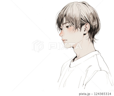 水彩画風イラスト｜横顔が美しい男性（横向き・白Tシャツ） 124365314