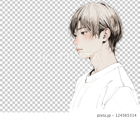 水彩画風イラスト｜横顔が美しい男性（横向き・白Tシャツ） 124365314