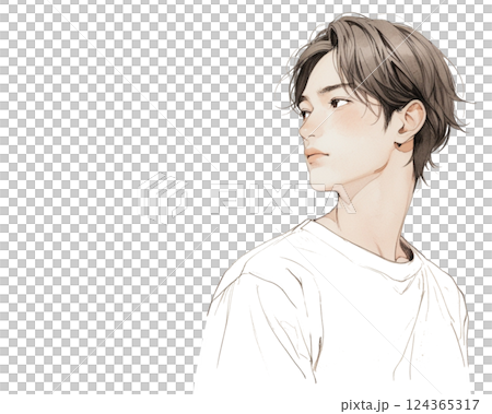 水彩風格插畫|面容俊美的男子回頭（側身，白色T卹） 124365317